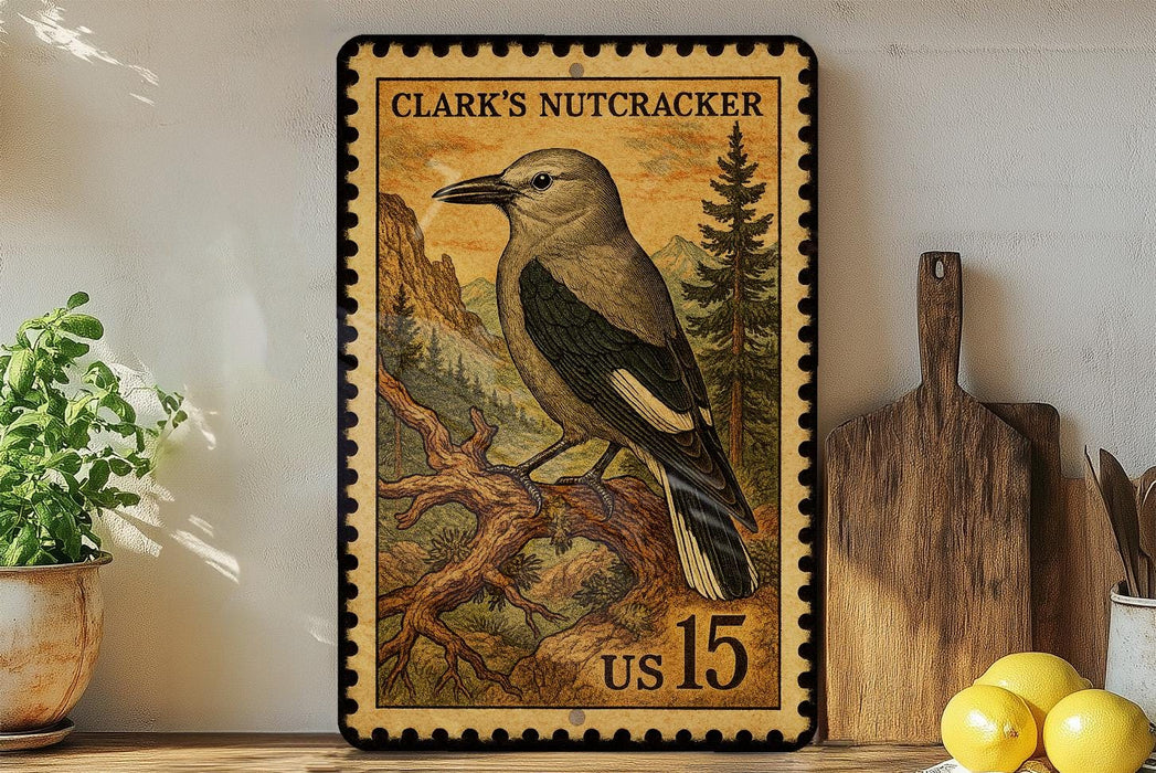 A framed stamp-like artwork depicting a bird, likely Clark's Nutcracker, is displayed on a shelf next to a wooden cutting board and some lemons.