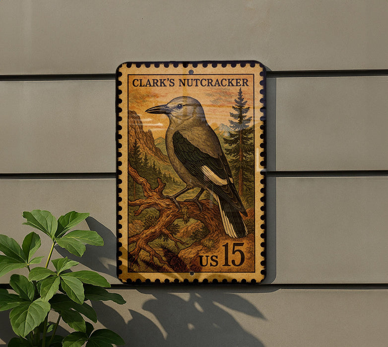 A postage stamp featuring a bird, specifically Clark's Nutcracker, is displayed on a wall.