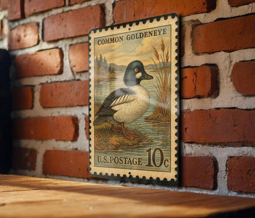 A vintage U.S. postage stamp featuring a duck is displayed on a brick wall.
