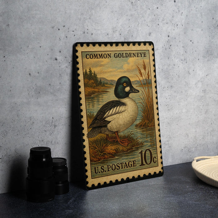 A vintage U.S. postage stamp featuring a Common Goldeneye duck, placed on a dark surface next to some black camera lenses.
