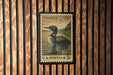 A U.S. postage stamp featuring a loon, a type of bird, is displayed on a wooden wall.