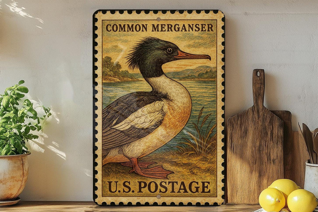 A vintage-style postage stamp featuring a duck is displayed on a shelf, surrounded by kitchen utensils and a potted plant.