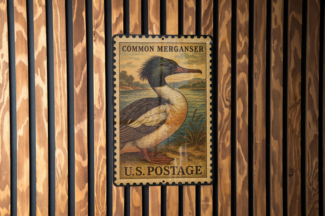 A vintage-style postage stamp featuring a duck is displayed on a wooden wall.