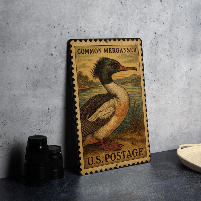 A metal stamp depicting a Common Merganser, a type of bird, is displayed on a table next to some black camera lenses.