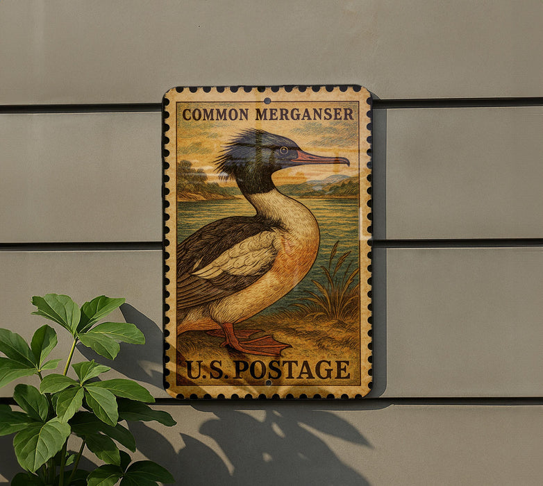 A wooden sign with a postage stamp design, featuring a bird, is mounted on a wall next to a plant.