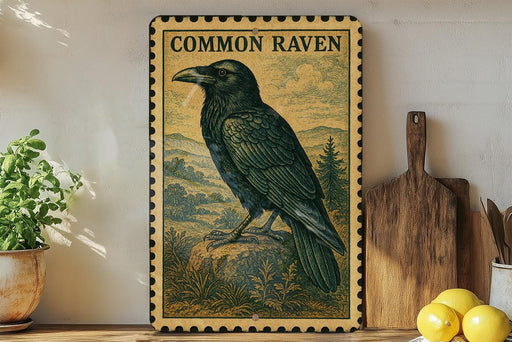 a framed illustration of a black raven perched on a rock, surrounded by a natural landscape.