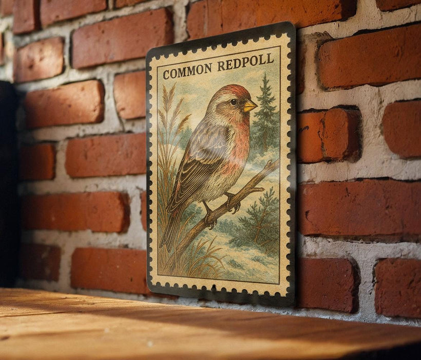 a vintage-style stamp or postcard with a bird illustration, mounted on a brick wall.