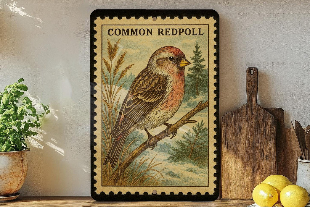 a framed illustration of a Common Redpoll bird perched on a branch, with a vintage stamp-like border.
