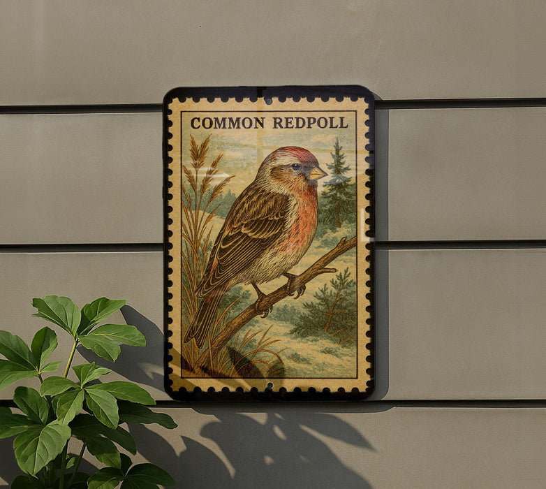 a bird perched on a branch, with a postage stamp-like frame around it, mounted on a wall.