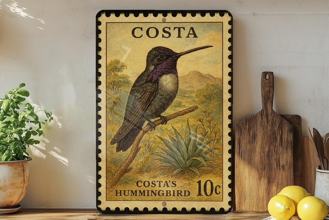 A framed postage stamp depicting a hummingbird, with the text "Costa" and "10c" printed on it. The stamp is placed on a shelf next to a wooden cutting board and a potted plant.