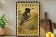 A framed postage stamp depicting a hummingbird, with the text "Costa" and "10c" printed on it. The stamp is placed on a shelf next to a wooden cutting board and a potted plant.
