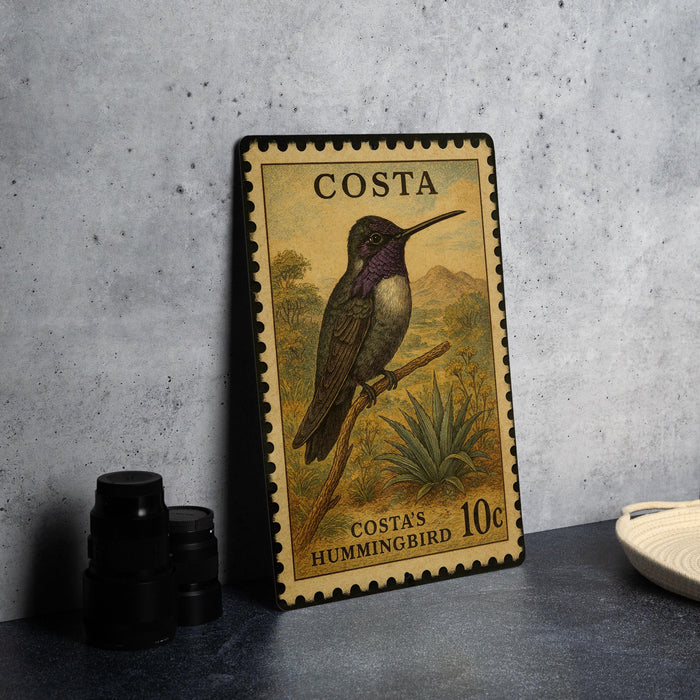 A Costa hummingbird postage stamp is displayed on a table, with a blurred background.