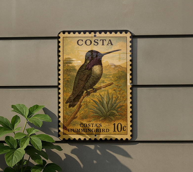 A postage stamp depicting a hummingbird, with the text "COSTA" and "10c" printed on it.