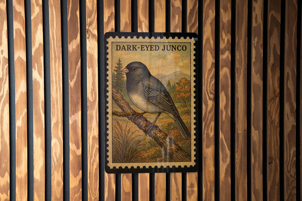 A postage stamp featuring a bird, specifically a dark-eyed junco, perched on a branch.