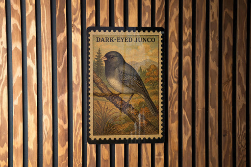 A postage stamp featuring a bird, specifically a dark-eyed junco, perched on a branch.