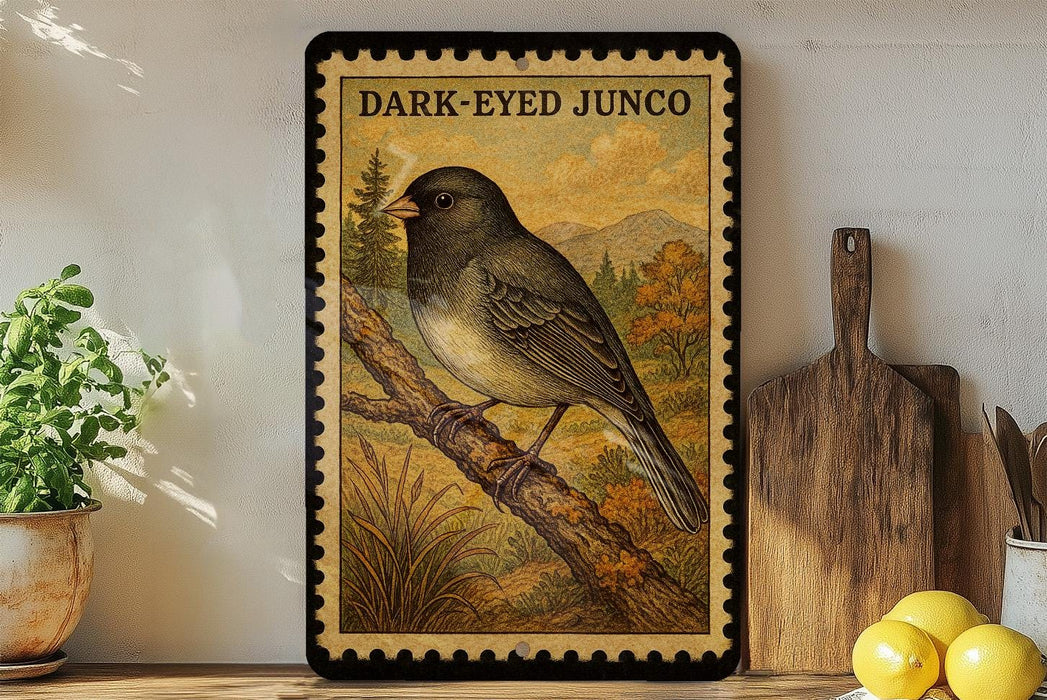 a framed illustration of a dark-eyed junco bird perched on a branch, with a vintage-style border. The bird is surrounded by a natural landscape, including trees and grass. The frame is placed on a wooden surface, with a potted plant and a cutting board nearby.