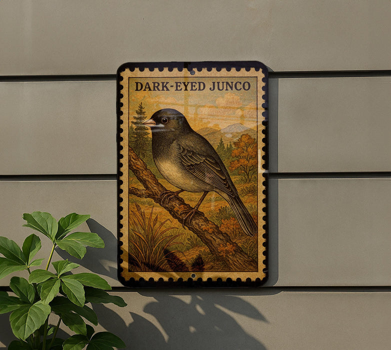 a bird, specifically a dark-eyed junco, perched on a branch against a gray wall.