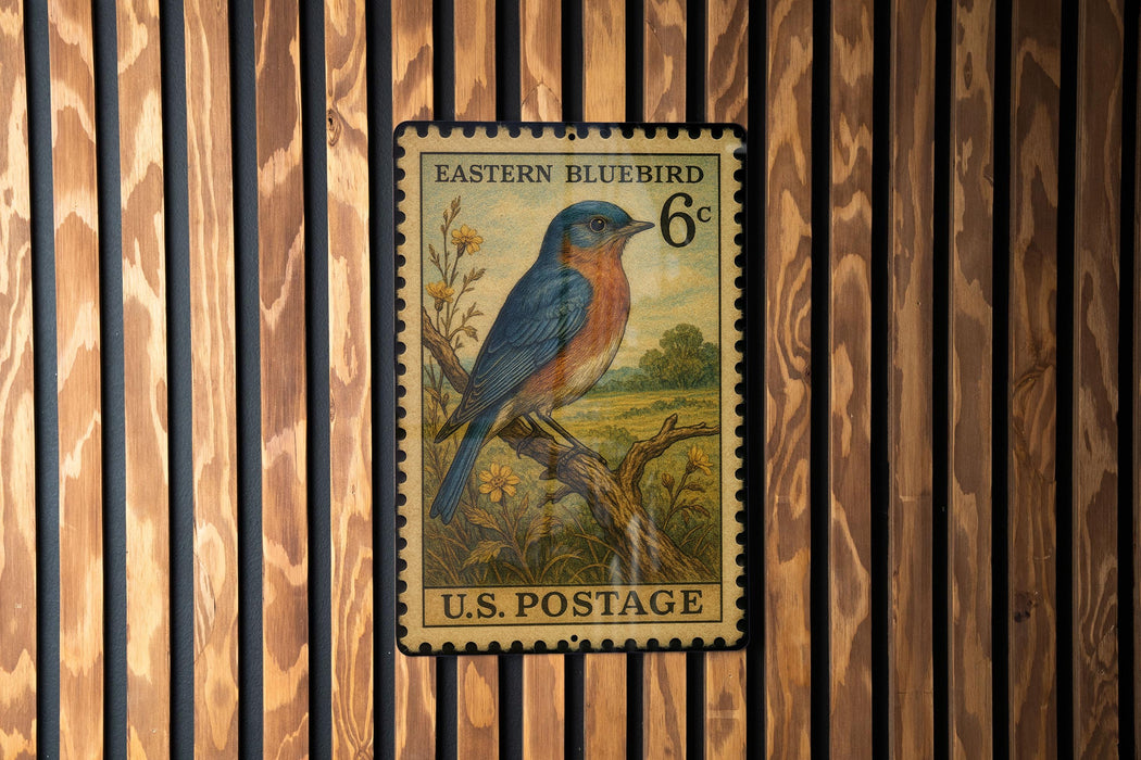 A U.S. postage stamp featuring a bluebird perched on a branch, with the text "EASTERN BLUEBIRD 6¢" and "U.S. POSTAGE" printed on it.