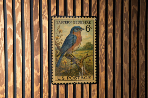 A U.S. postage stamp featuring a bluebird perched on a branch, with the text "EASTERN BLUEBIRD 6¢" and "U.S. POSTAGE" printed on it.