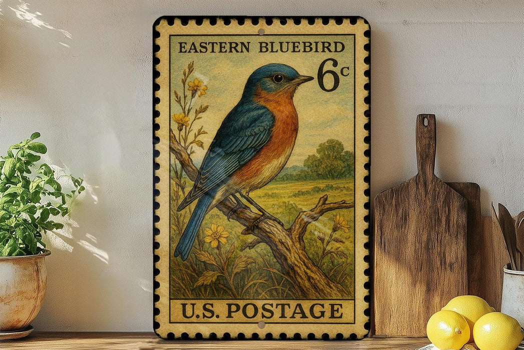 A vintage-style postage stamp featuring a bluebird perched on a branch, with a wooden cutting board and a potted plant in the background.