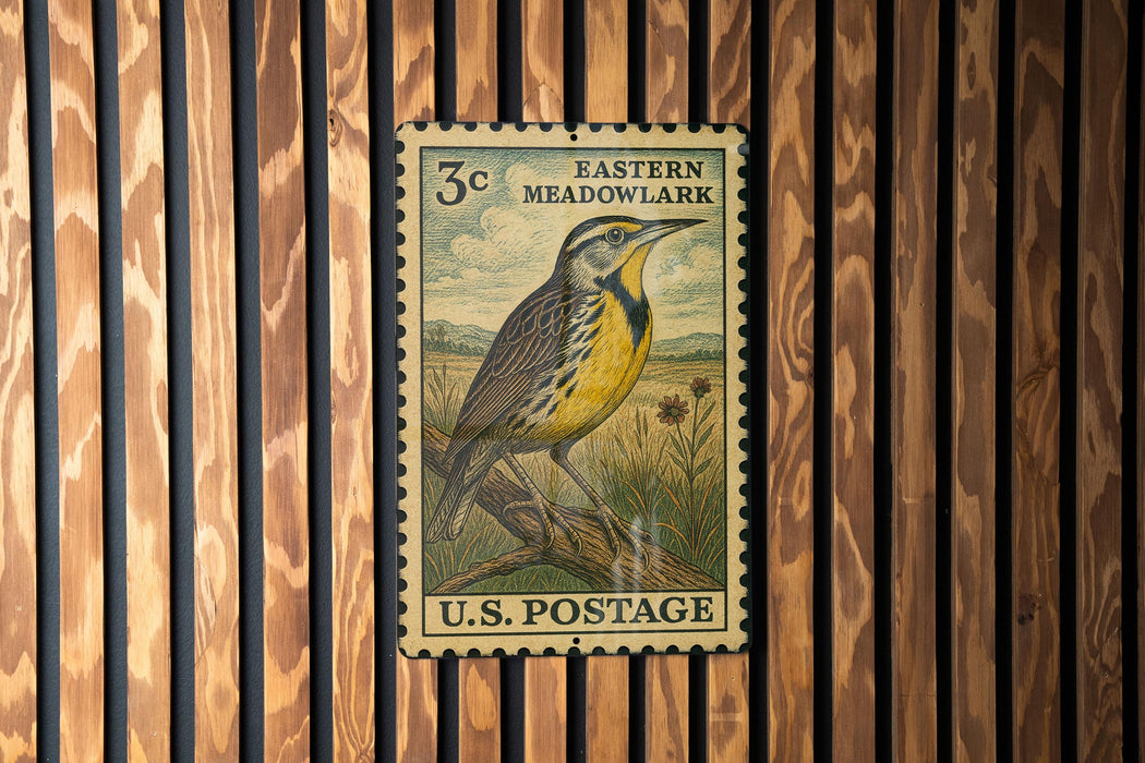 A vintage U.S. postage stamp from Eastern Meadowland is displayed on a wooden wall.