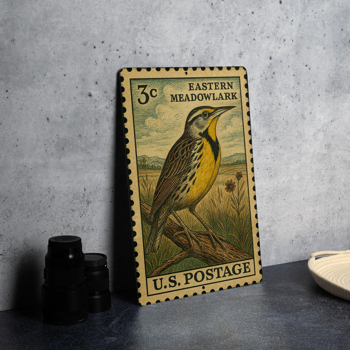 A vintage U.S. postage stamp featuring a yellow and black bird perched on a branch, with the text "EASTERN MEADOWLARK" and "3c" printed on it.