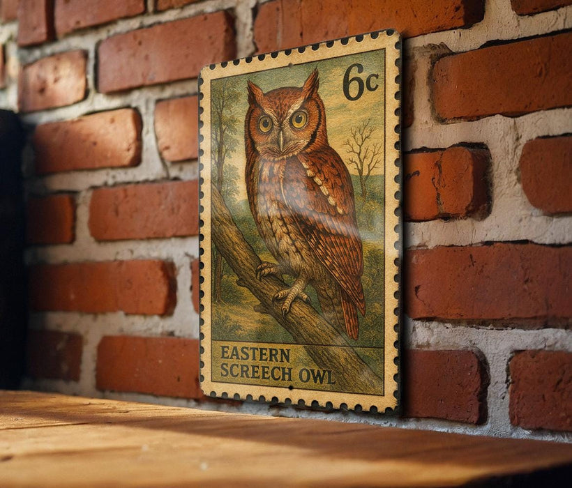 A vintage Eastern Screech Owl postage stamp is displayed on a brick wall, with a wooden table below it.