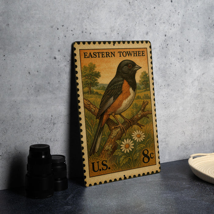 A vintage Eastern Towhee postage stamp from the United States, featuring a colorful illustration of a Towhee bird perched on a branch with flowers.