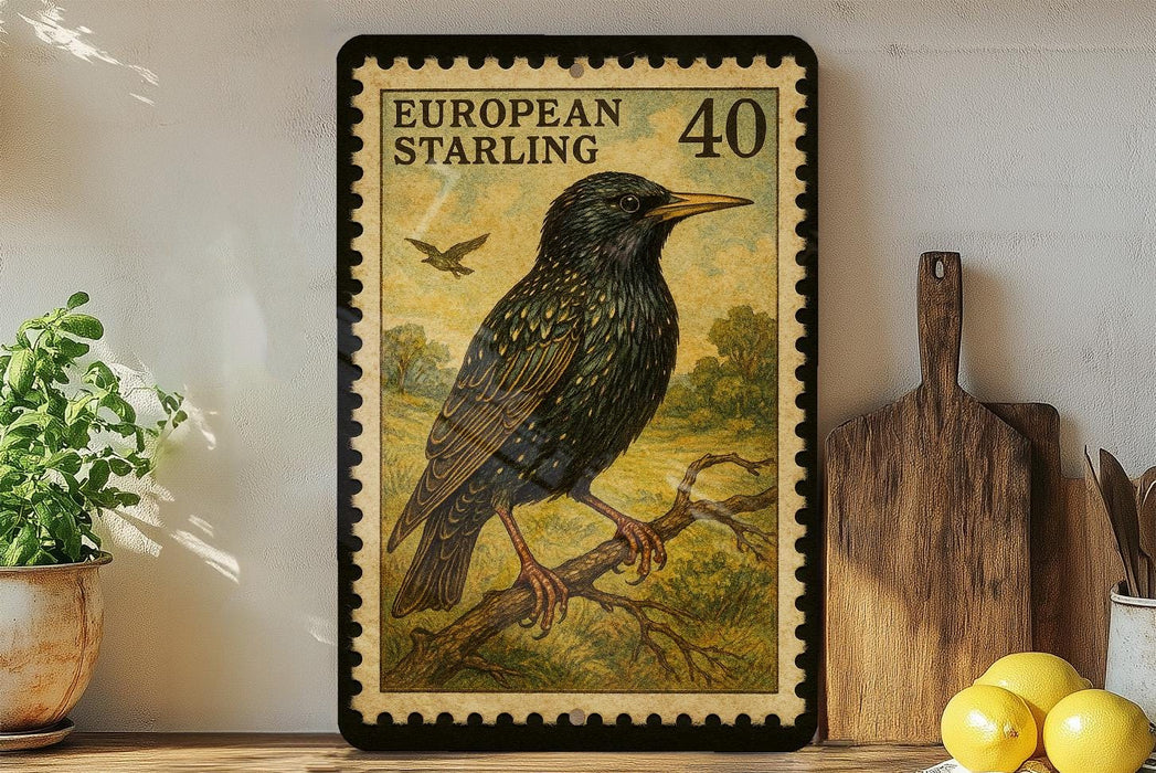A framed European starling postage stamp is displayed on a shelf, with a potted plant, wooden cutting board, and lemons nearby.