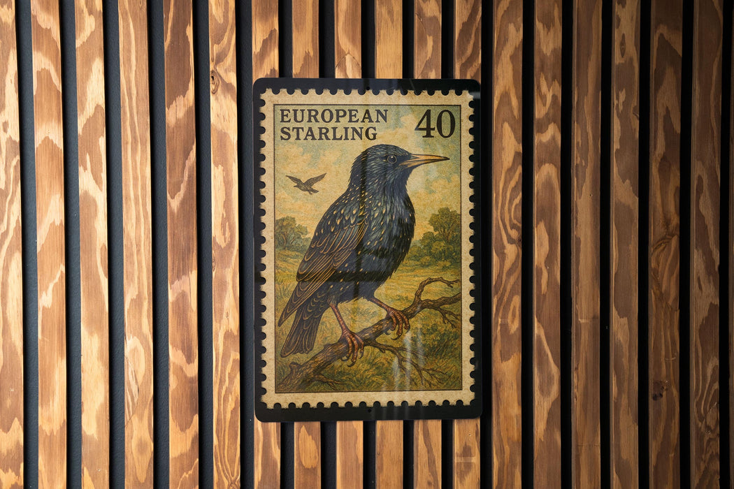 A postage stamp featuring a black bird perched on a branch, with the text "EUROPEAN STARLING" and the number "40" printed on it.