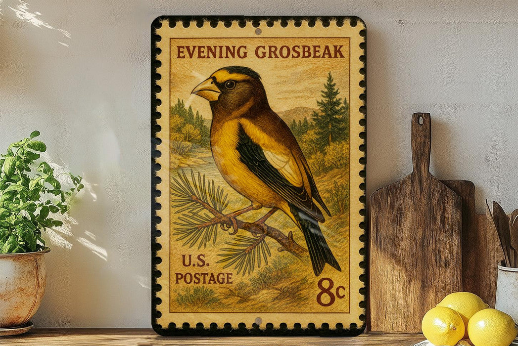 A vintage postage stamp featuring a yellow and black bird perched on a branch, with the text "Evening Grosbeak" and "U.S. Postage 8c" printed on it. The stamp is displayed on a shelf next to a wooden cutting board and a potted plant.