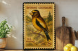 A vintage postage stamp featuring a yellow and black bird perched on a branch, with the text "Evening Grosbeak" and "U.S. Postage 8c" printed on it. The stamp is displayed on a shelf next to a wooden cutting board and a potted plant.