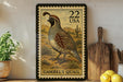 A framed postage stamp featuring a quail bird, with the text "GAMBEL'S QUail" printed on it. The stamp is placed on a shelf next to a wooden cutting board and a potted plant.