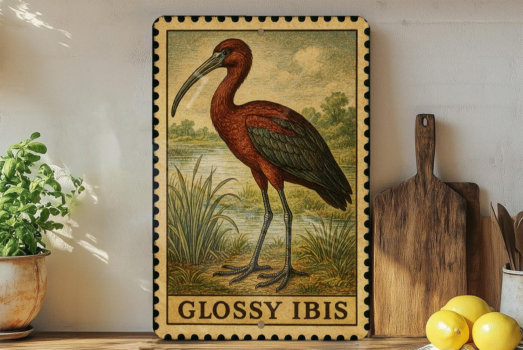 A framed illustration of a red heron is displayed on a shelf, surrounded by kitchen utensils and a potted plant.