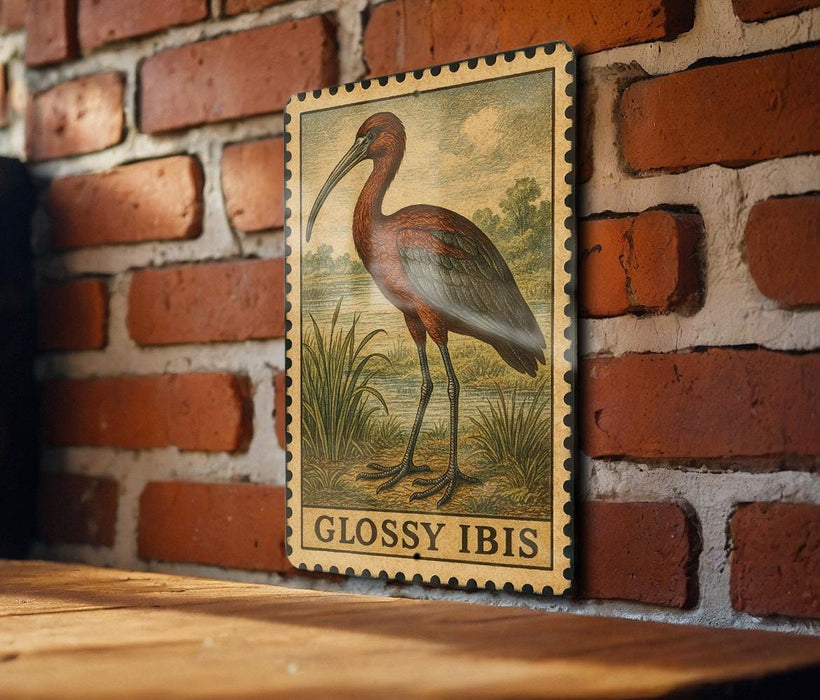 A wooden table with a framed illustration of a bird, specifically a glossy ibis, mounted on a brick wall.
