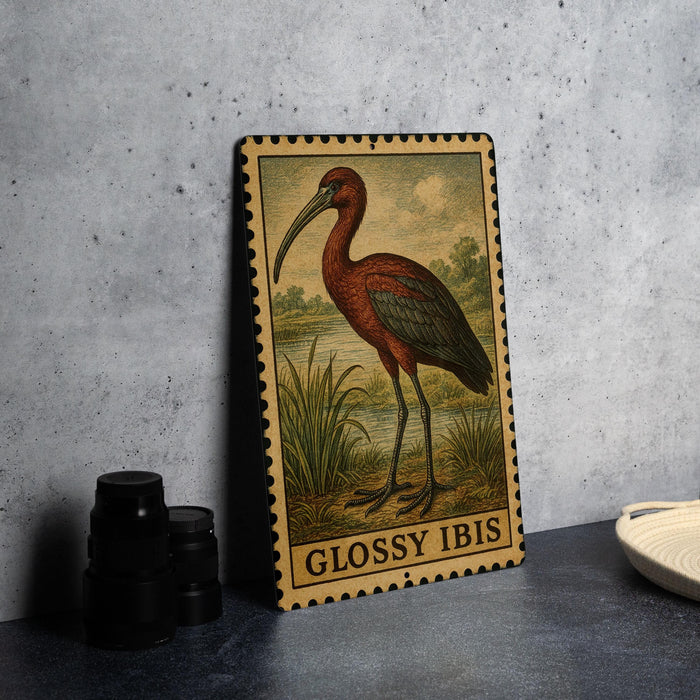 A framed illustration of a red bird, possibly a stork, standing in a grassy field with a body of water in the background.
