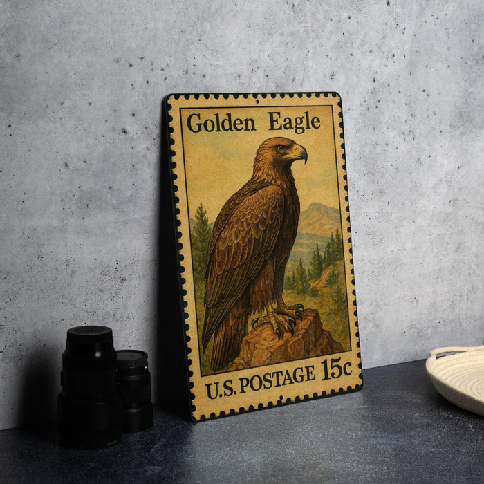 A framed postage stamp featuring a golden eagle, a symbol of the United States Postal Service.