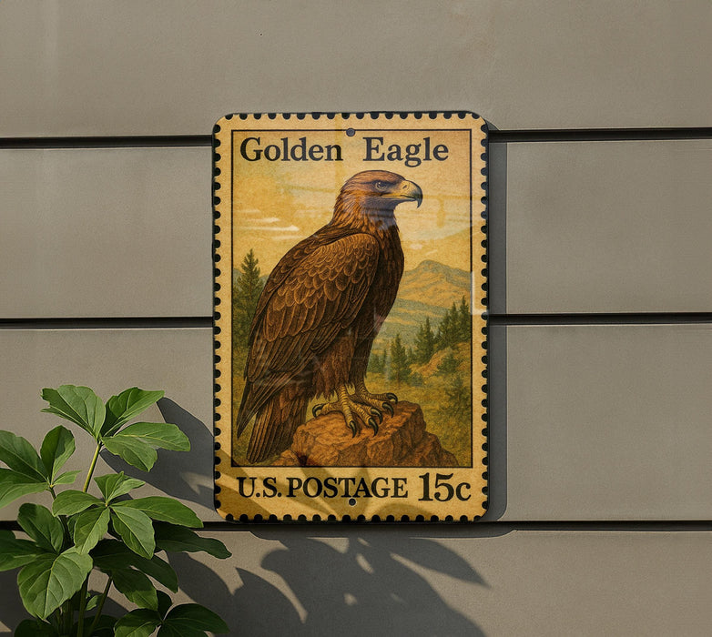 A postage stamp featuring a golden eagle perched on a rock, with the text "Golden Eagle" and "U.S. POSTAGE 15¢" printed on it.