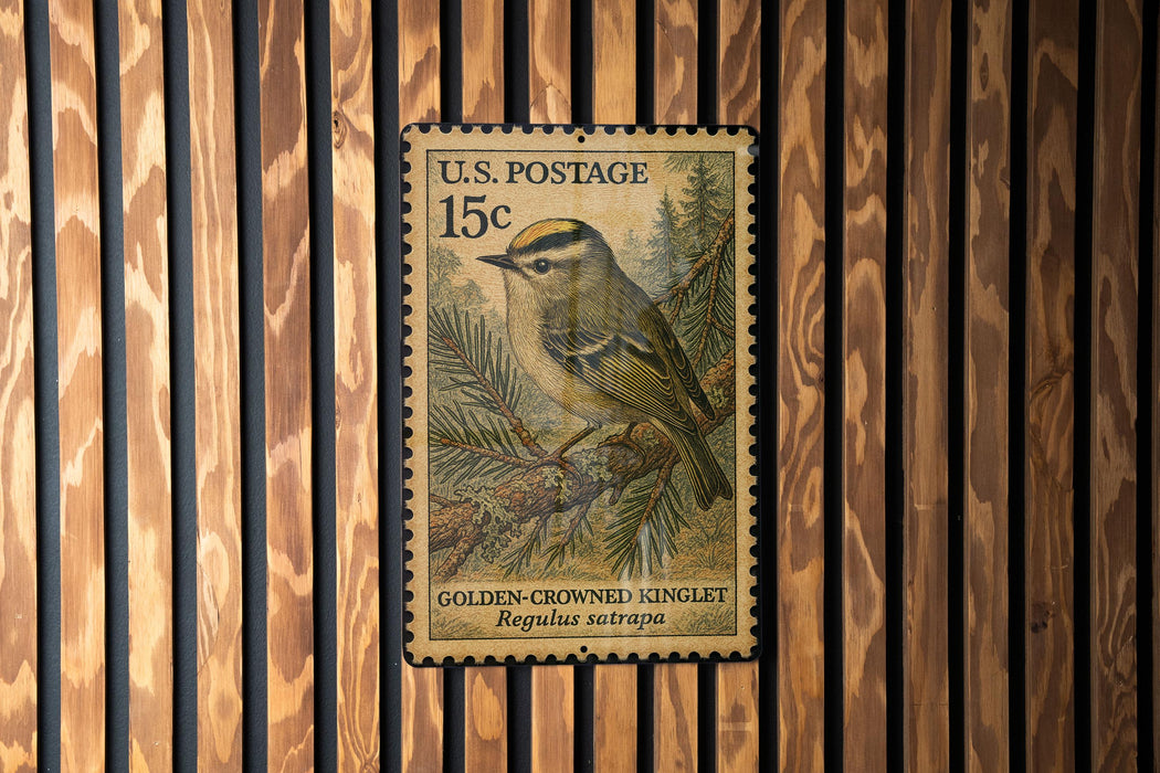 A U.S. postage stamp featuring a golden-crowned kinglet perched on a pine branch.