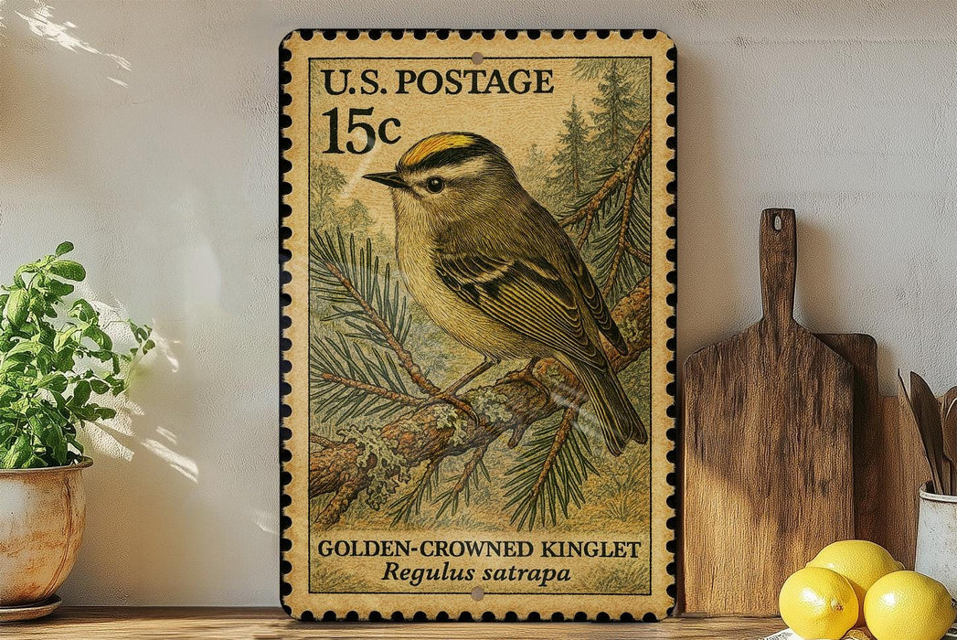 A framed U.S. postage stamp depicting a golden crowned kinglet perched on a branch, with a potted plant and wooden cutting board visible in the background.