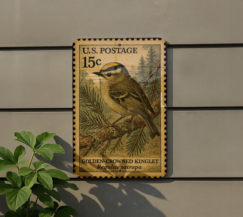 A U.S. postage stamp featuring a golden-crowned kinglet perched on a pine branch, with the text "U.S. POSTAGE 15c" and "GOLDEN-CROWNED KINGLET Regulus satrapa" printed on it.