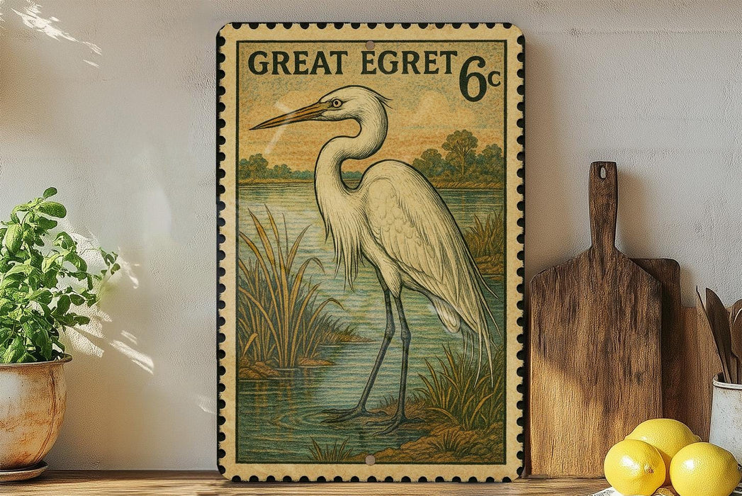 A framed postage stamp depicting a white heron standing in a pond, with a wooden paddle and a potted plant nearby.
