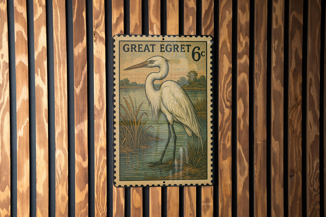 A postage stamp featuring a great egret standing in a pond, mounted on a wooden wall.