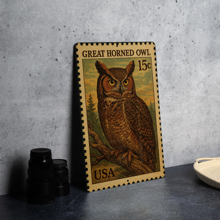 A Great Horned Owl postage stamp from the United States, featuring a detailed illustration of the owl perched on a branch.