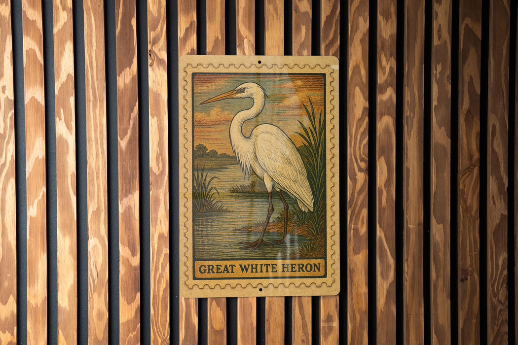 A framed illustration of a great white heron is displayed on a wooden wall.