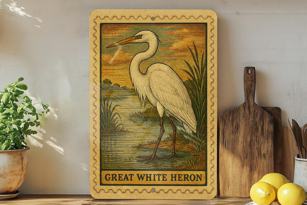 a framed illustration of a great white heron standing in a natural setting, with a wooden cutting board and a potted plant nearby.