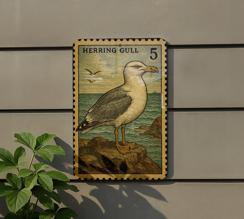 a postage stamp-like sign with a seagull illustration, mounted on a wall next to a plant.