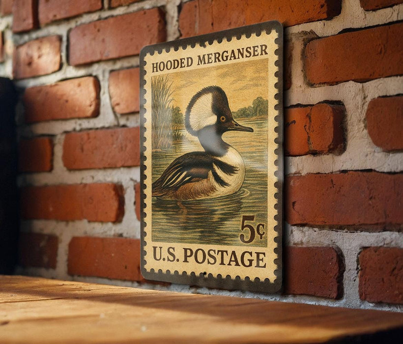 A vintage postage stamp featuring a hooded merganser duck, mounted on a brick wall.