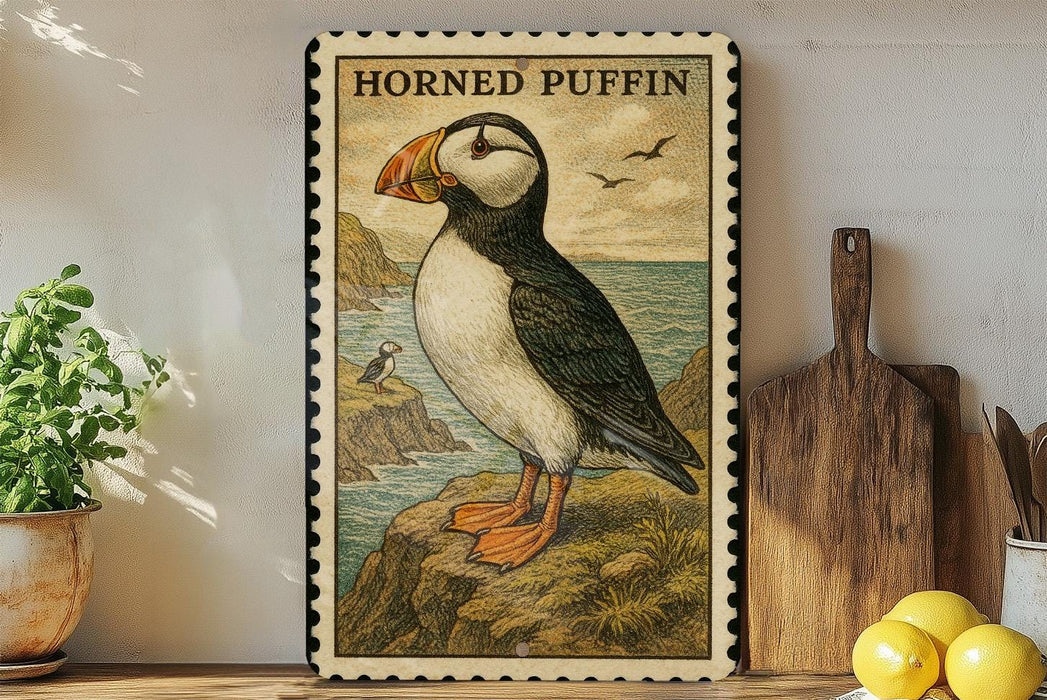 a framed illustration of a horned puffin bird perched on a rocky cliff overlooking the ocean.
