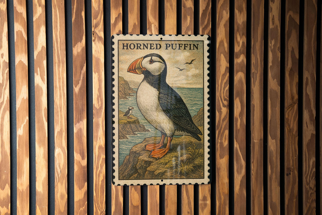 A framed illustration of a puffin bird is displayed on a wooden wall.